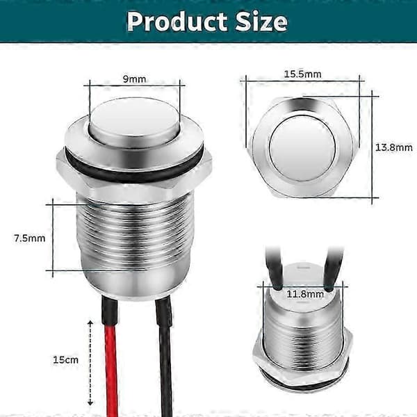 6 Pcs Push Buttons, 12mm Momentary Push Button, Waterproof Metal Button, Protruding Push Button with Cable