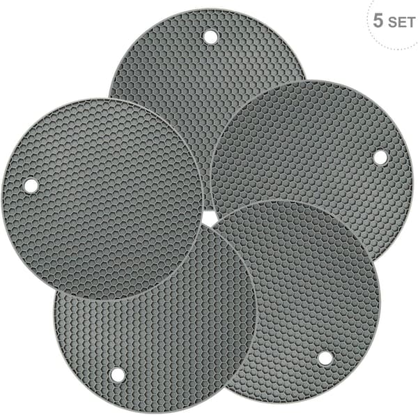 5-pack extra thick silicone trivets, heat-resistant pot holders, non-slip, flexible placemats, round honeycomb (grey)