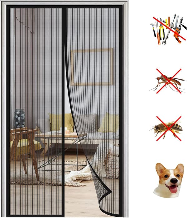 Magnetisk myggenetdør, 100 x 210 cm, sorte striber, polyester