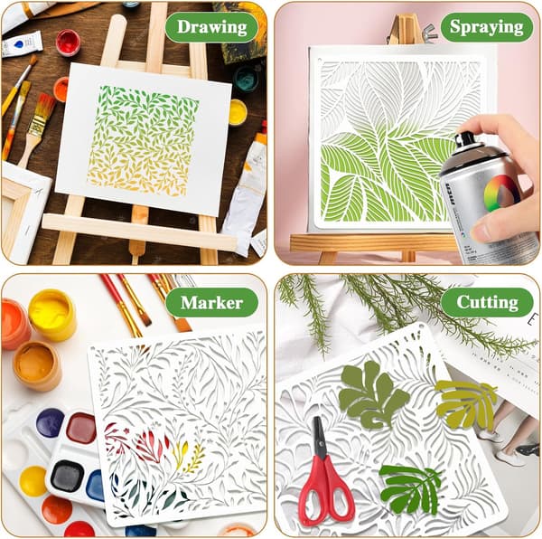 Large Stencils for Painting, Decorative Textured Leaf Drawing Template, Reusable Stencil Set in 30x30 cm