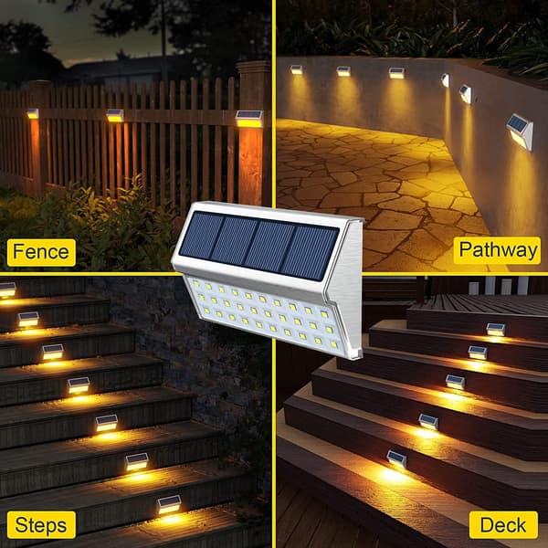 Solar Fence Light, Decorative Stainless Steel LED Garden Lighting, Waterproof Stair Light Wireless Outdoor, 6-pack Warm Light warm light