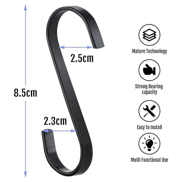 10 Pcs Stainless Steel Flat S-Hooks Heavy Duty Kitchen Hooks, Multifunctional Hooks for Kitchen or Butcher Clothes Plants Garden Tools, Black
