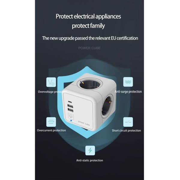 European Smart Socket Adapter with Surge Protection, Square Extension Wall Socket, E01-EU Socket