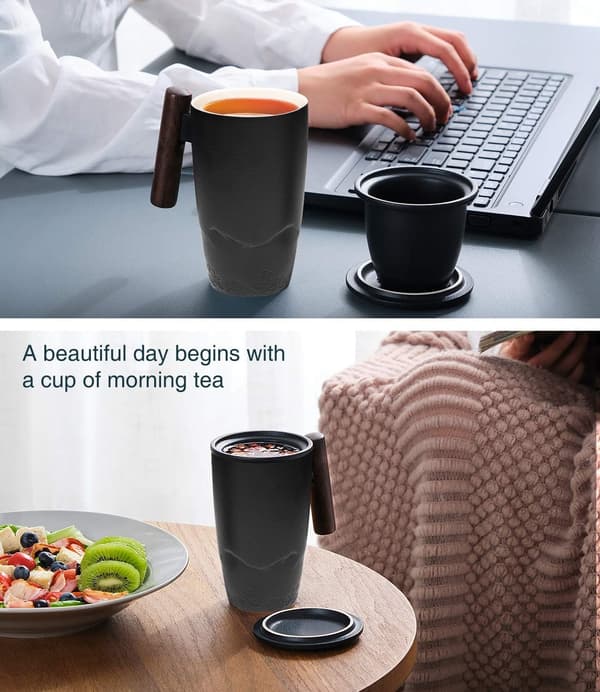 35 cl Ceramic Teacup with Filter and Lid, Teacups with Wooden Handle (Black)