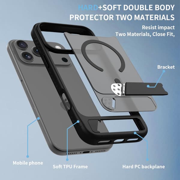 Magnetic iPhone 17 Pro Max Case with Built-in Invisible Stand Compatible with MagSafe Slim Transparent Matte Shockproof Protective Case in Black