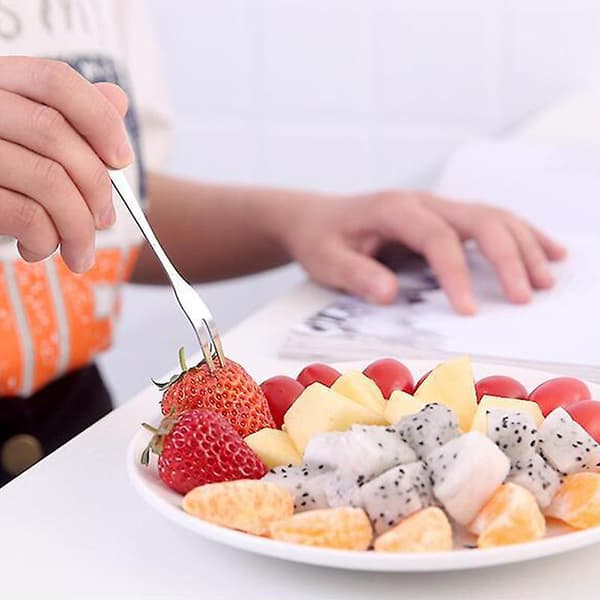 Small Stainless Steel Forks for Cocktail, Appetizer, Dessert, Party, 10 Pieces, 2-Prong Fruit Fork