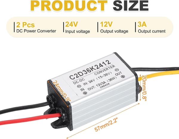 2 stk DC 24V til 12V strømomformer 3A 36W spenningsreduksjon IP67 transformatorforsyningsmoduladapter for bil lastebil solsystem Golden Tone