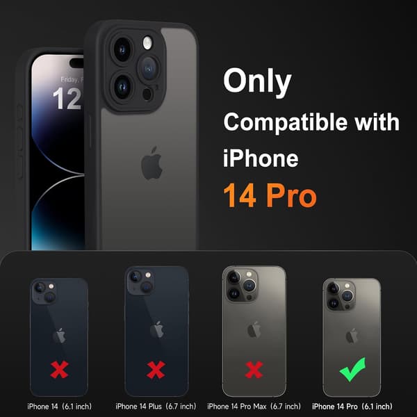 iPhone 14 Pro Cover med Fuld Kamerabeskyttelse, Anti-Fingeraftryk Mat Bagside 6,1 tommer - Sort