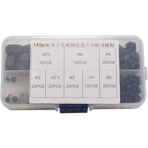 140 pcs M2-M10 Black Steel Hex Nuts with Nylon Insert Self-Locking Lock Nuts