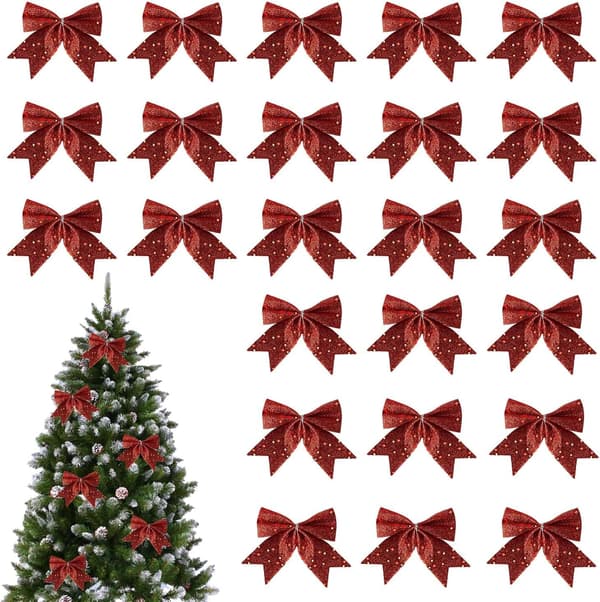 24 Glitrende Julebuer, Julebåndsrosetter, til Julekranse, Julepynt (Rød)