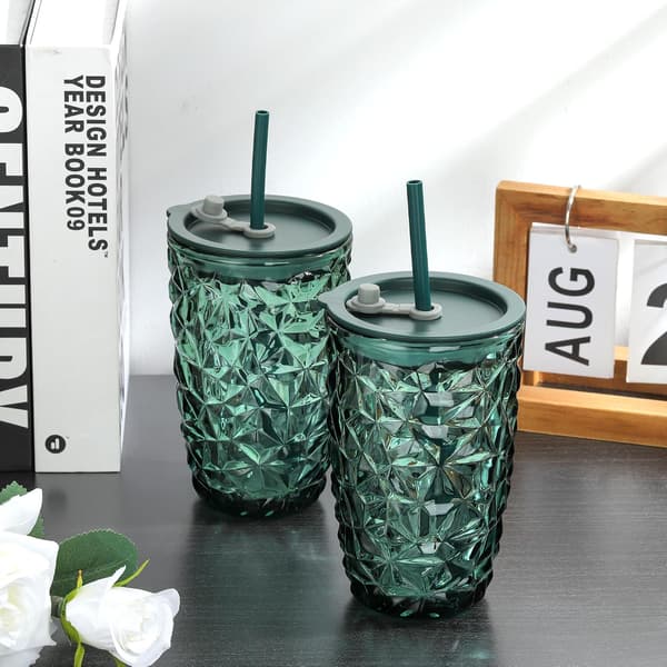 400 ml Green Glass with Lid and Straw, Diamond Design Smoothie Cup, Drinking Jar for Iced Tea, Smoothie, Juice, 2-Pack