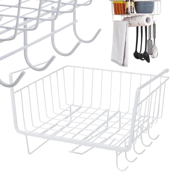Under Cabinet Wire Basket, 5 Hooks, Paper Towel Holder, White, Kitchen Storage Organizer White