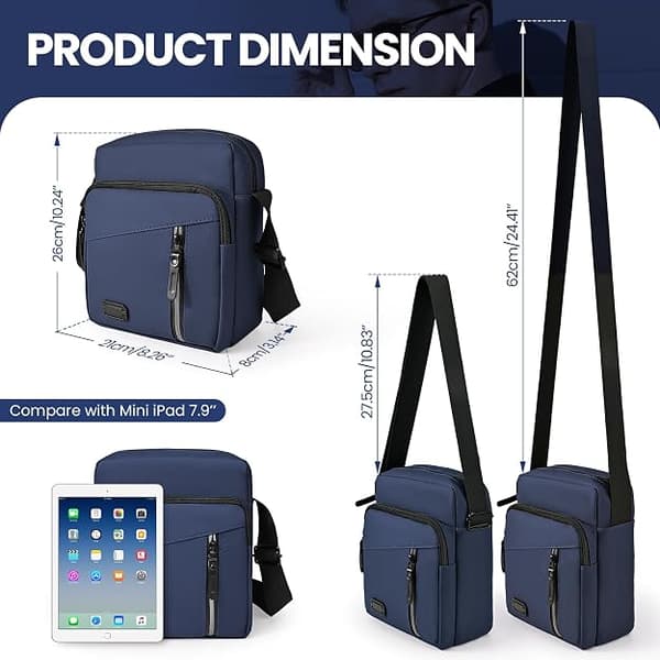 Waterproof Shoulder Bag for Men, Small Side Bag with Adjustable Strap, Oxford and Polyester Navy Blue Navy Blue