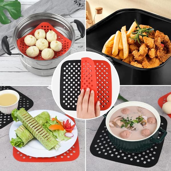 Firkantede silikonebagemåtter til airfryer, genanvendelige dampningsmåtter til airfryer, perforerede