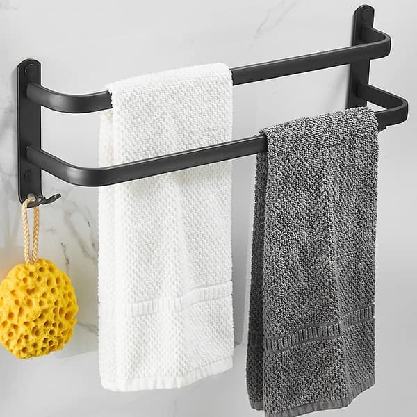 Seinälle asennettava pyyheteline, kylpyhuoneen pyyheteline, mattamusta itseliimautuva pyyheteline (40 cm, kaksoistangot)