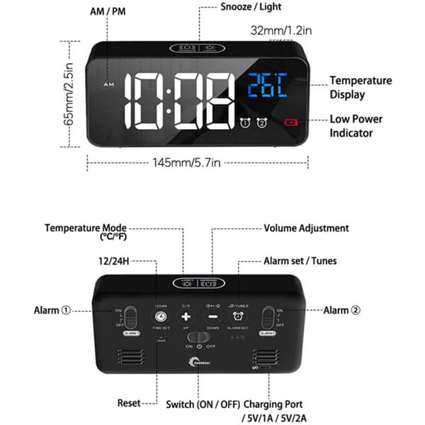 AC-driven väggklocka, batteridriven digital klocka med temperaturvisning, snooze, dubbellarm för sovrum