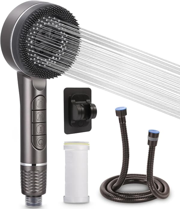 Dusjhode mot kalk, 4 moduser Vannbesparende dusjhode med 1 utskiftbart filter, Dusjhode med 1,5 m slange, Dusjhode, Anti-kalk dusj