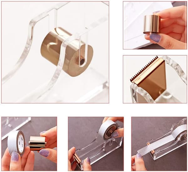 Skrivebordsdispenser i rosegull, akryldispenser, sklisikker teipdispenser, kraftig teipdispenser
