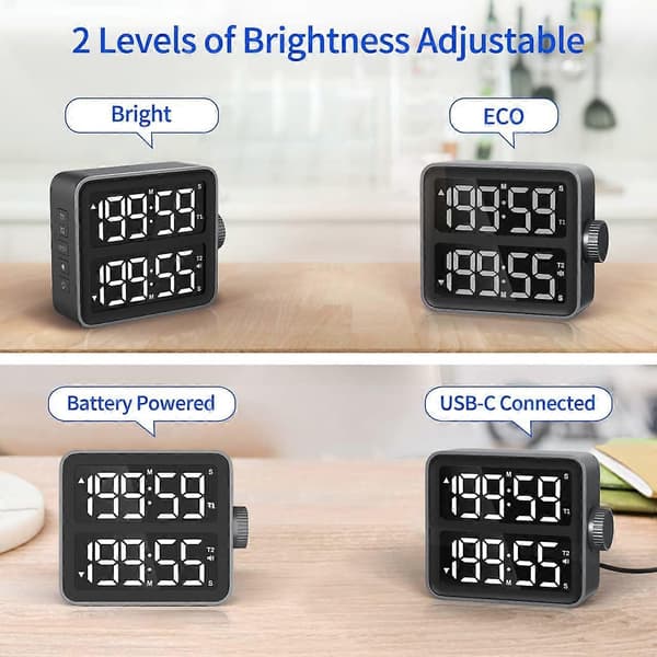Dubbel Kökstimer - Dubbla Kanaler Nedräkning Stoppur med LED-Display, Justerbar Volym och Ljusstyrka, 2024 Ping