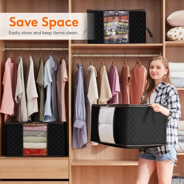 Large Storage Bag for Clothes with Reinforced Handle Thick Fabric for Quilts, Blankets, Bedding, 3-Pack, 90L, Black