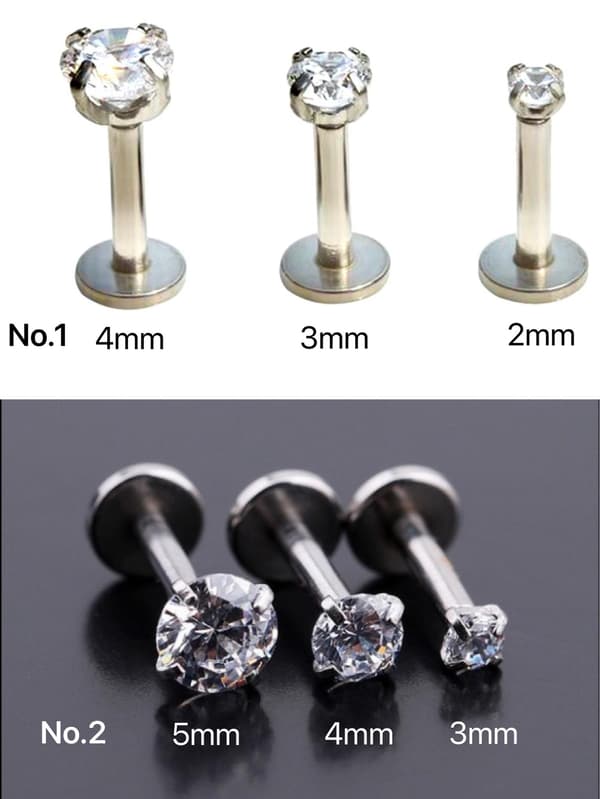 3 stk Labret med stein, Kirurgisk Stål Nr. 1, lengde: 6mm No 1, längd: 6mm