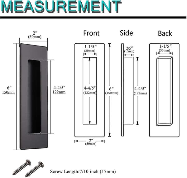 (2-pack) Black Rectangular Recessed Handles for Sliding Doors in Stainless Steel, 150 mm long