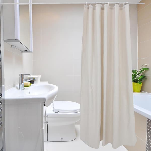 Linen Shower Curtain with Hooks, Thick Breathable Fabric in Beige, Neutral Minimalist Style