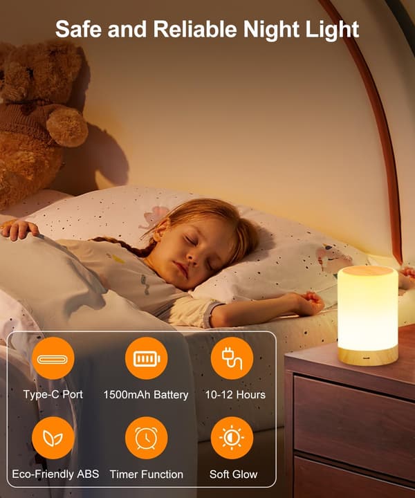 LED Touch Bedside Lamp, Dimmable, Warm/Cool Mode, Wireless and Rechargeable USB Night Light for Adults, Ideal for Bedroom and Children's Use