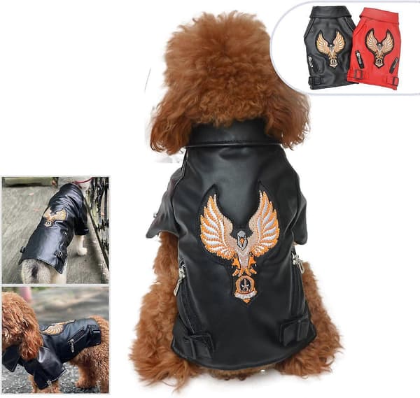 Cool Dog Leather Jacket, Warm Dog Jackets Windproof Cold Weather Jackets for Large Medium Small Dogs with Eagle Embroidery Black S_tfrf