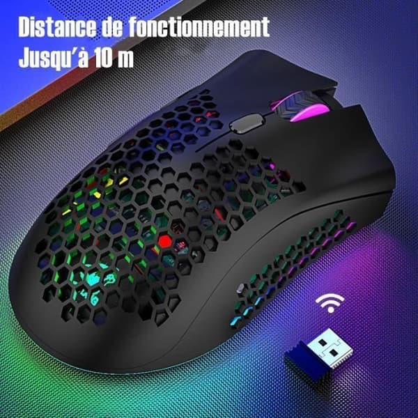 RGB Gaming Mouse Wireless USB Rechargeable 2.4G Nano Adjustable DPI Ultralight Sculpted Design Anti-Sweat - Black