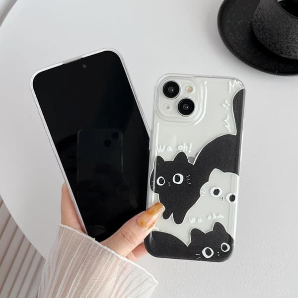 Sweet Cartoon Black White Cat Transparent Soft Phone Case Compatible with iPhone Case (Transparent, for iPhone 16 Pro Max)