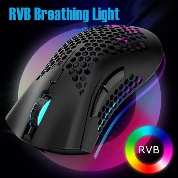 RGB Gaming Mouse Wireless USB Rechargeable 2.4G Nano Adjustable DPI Ultralight Sculpted Design Anti-Sweat - Black