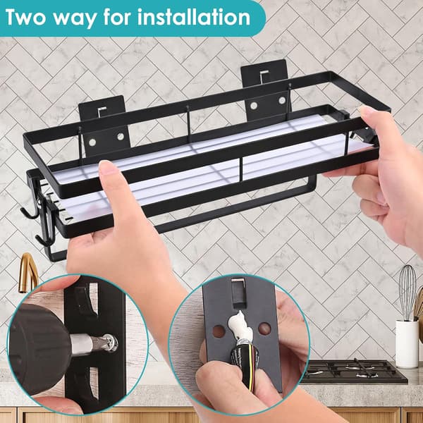 Wall-mounted spice rack for kitchen without drilling, spice shelf with roll holder and 4 hooks, spice rack, 35 cm, black