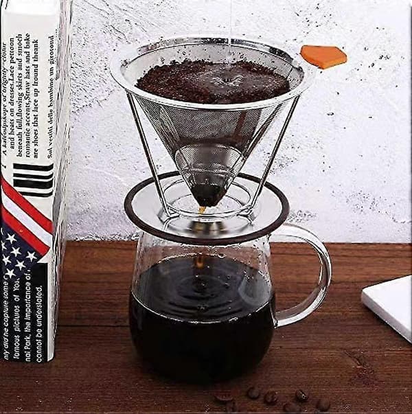Genanvendeligt kaffefilter i rustfrit stål til Pour Over, Espresso Dripper Mesh Cone Kaffedrypper med stativ (1 stk, sølv)