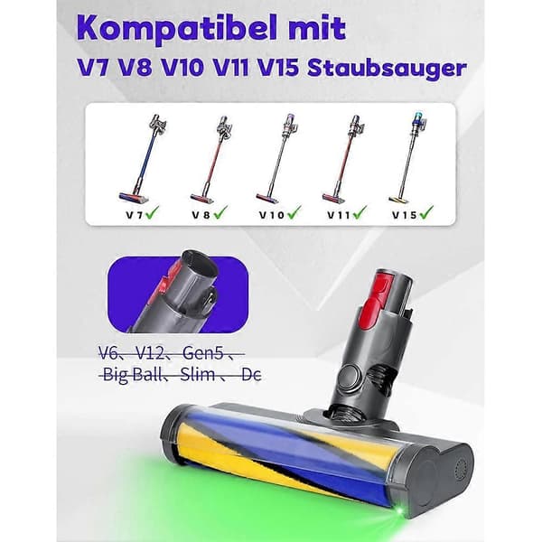 Til V7 V8 V10 V11 V15 Blød Rullebørste med Grønt LED-lys til Parket, Fliser og Hårde Gulve