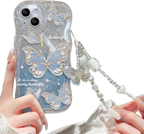 Blå: iPhone-deksel for kvinner/jenter – søt sommerfuglglitter med armbånd, ripebestandig støtsikker – blå Blue iPhone 13 Mini Blue iPhone 13 Mini