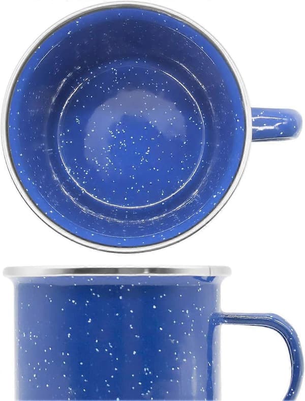 Emaljekopp, utendørskopp, campingkopp, kaffekopp, metallkopp, klassisk formskjønn design, blå med hvite prikker 300ml