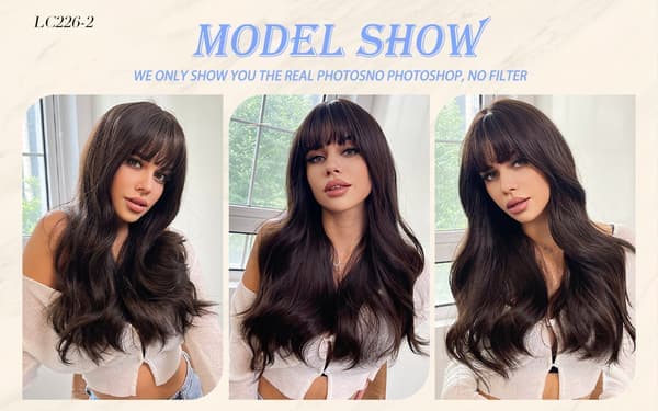 Long Brown Wigs with Bangs Wavy Synthetic Wig for Women