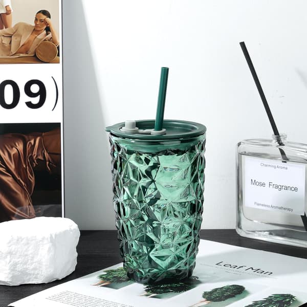400 ml Green Glass with Lid and Straw, Diamond Design Smoothie Cup, Drinking Jar for Iced Tea, Smoothie, Juice, 2-Pack