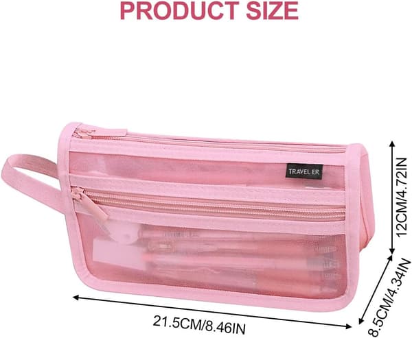 Grid Pencil Case with Handle and Zipper Double Layer Transparent Pencil Pouch for Office Travel School (Pink)