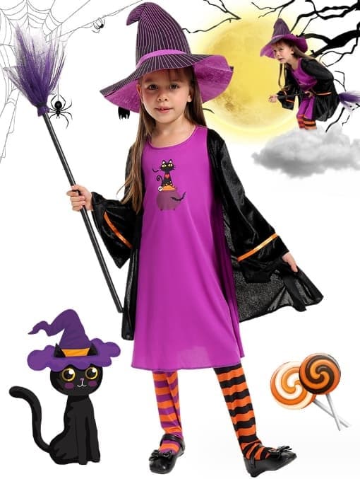 Sort kattekostume til piger med hat til børn Halloween-kostume udklædning, størrelse M M