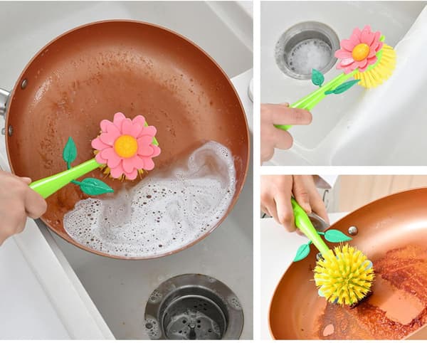 Creative Sunflower Universal Brush Set - Kitchen Cleaning Brush with Long Handle and Base - Maintain Pots and Pans for Good Cleaning - Pink