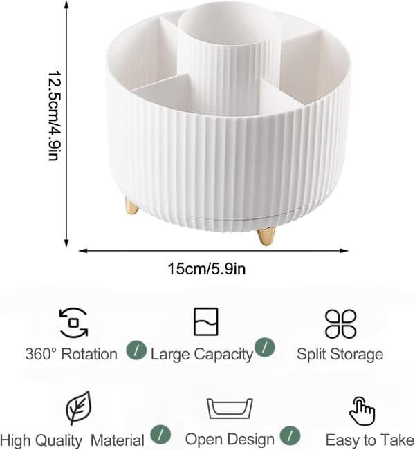 360° Rotating Makeup Organizer Makeup Brush Holder with 5 Compartments for Dressing Table Bedroom Bathroom Office White White