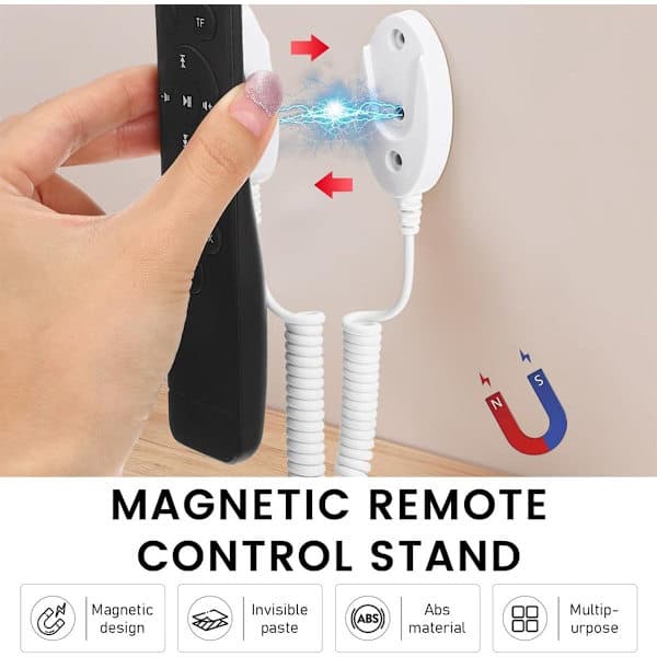 Magnetic Remote Control Holder - 4-pack - With Spring Strap (120cm) - Compatible with Most Remote Controls and Sockets - Black
