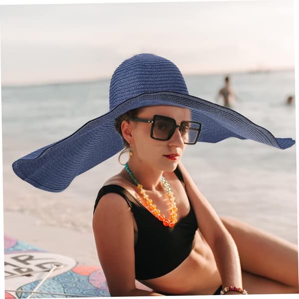 Foldable Beach Straw Hat Women's Sun Hat Wide Brim Bucket Straw Sun Visor for Summer Navy Blue