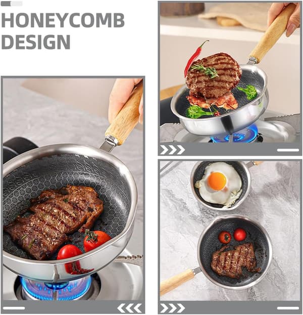 Nonstick stekepanne i rustfritt stål 20 cm Honeycomb-overflate Varmebevarende trehåndtak
