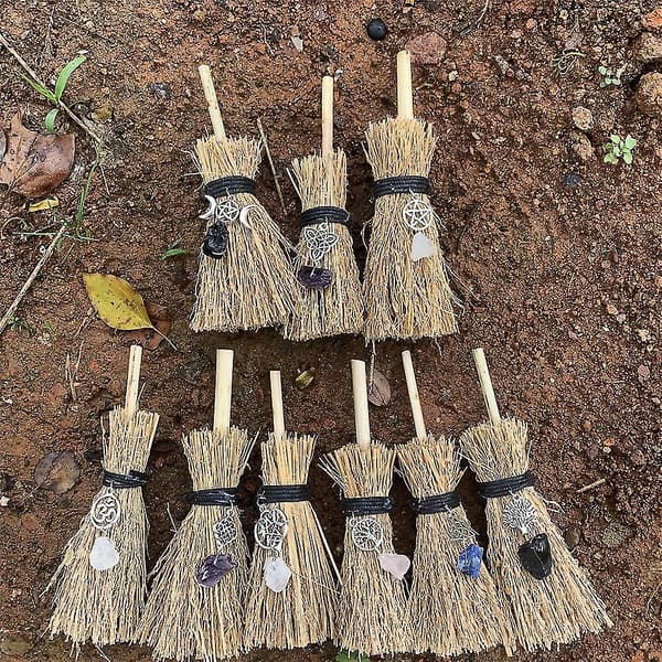 Mini Broom Straw Witch Brooms With Crystal Pumpkin Pendant Decor For Halloween-hao 7 7