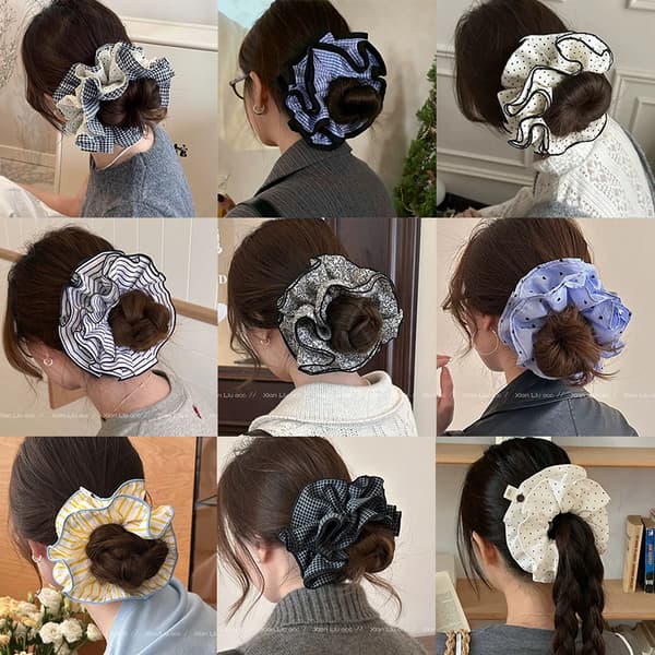 Rutig Spets Scrunchie — Elastisk Hårsnodd & Modeaccessoar*37# Blommig Brun Dobbeltlags Scrunchie Hårsnodd, cirka 15cm**37# 37# 37#