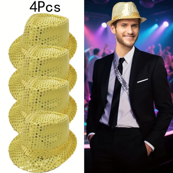 4-pak Pailletkasket Unisex Western Dance Jazzhat Glitrende Discohat til Halloween-fester 4 stk. 4Pcs