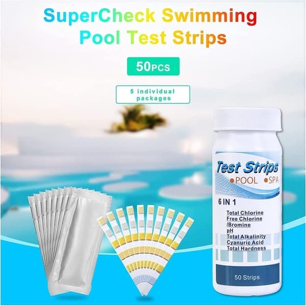 6-i-1 teststrimler til pool og spa, vandtester 50-pak - pH, klor, alkalinitet, cyanursyre, hårdhed
